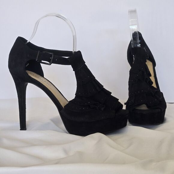Gianni Bini Aimee Black Suede Women 9.5M Rhinestone Ruffle Top Open Toe Heels - Picture 1 of 9